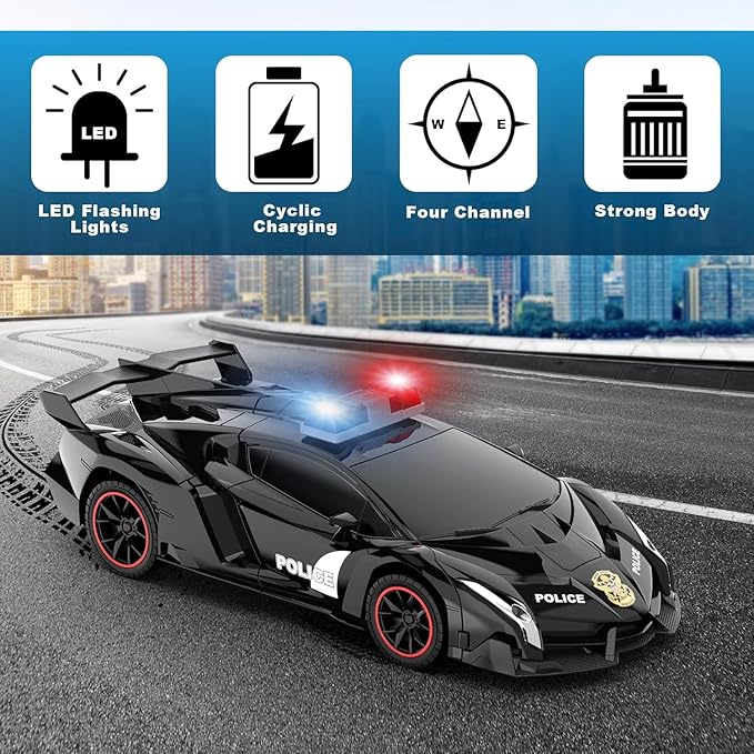 Remote Control Car - Transforming Toy Car Robot, One-Button Deformation with Flashing Lights 2.4GHz 1:18 Scale Transforming Police Car with 360-Degree Rotation Toys for Boys and Girls