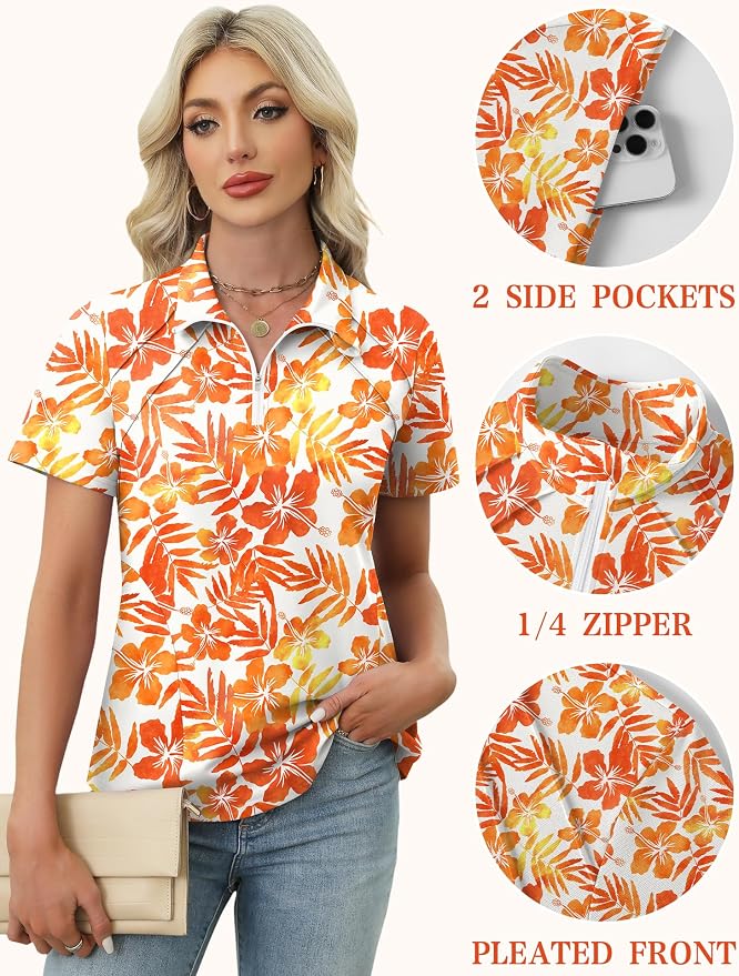 LOMON Womens Golf Polo Shirt Summer Short Sleeve Quarter Zip Outfit | Side-Pockets,Princess Seams,Cotton,Wrinkle Free,Moisture Wicking,Quick-Dry,Lightweight,Collared,for Tennis Workout