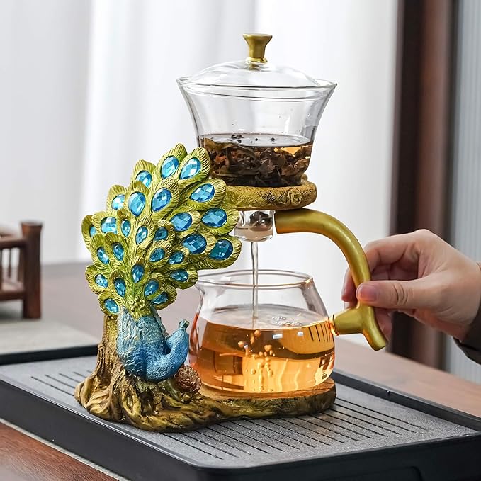 Zurucily Glass Teapot Set with Infuser Semi Automatic Tea Set Magic Teapot (Peacock)
