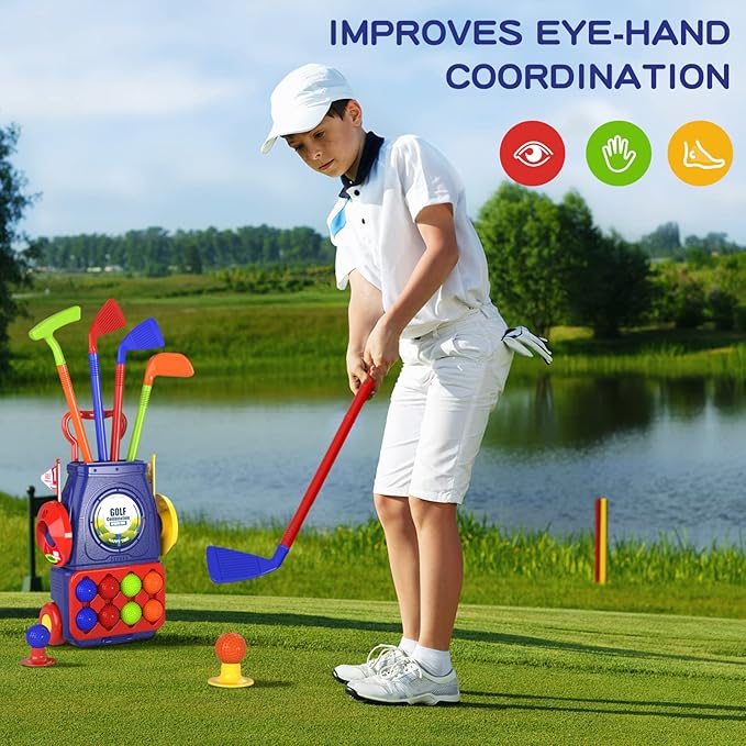 QDRAGON Kids Golf Clubs, 2 in 1 Toddler Golf Set with 8 Balls/Cornhole Board & Putting Mat/Golf Cart with Wheels, Indoor Outdoor Sport Toys Gifts for Boys Girls Ages 3 4 5 6+, Blue