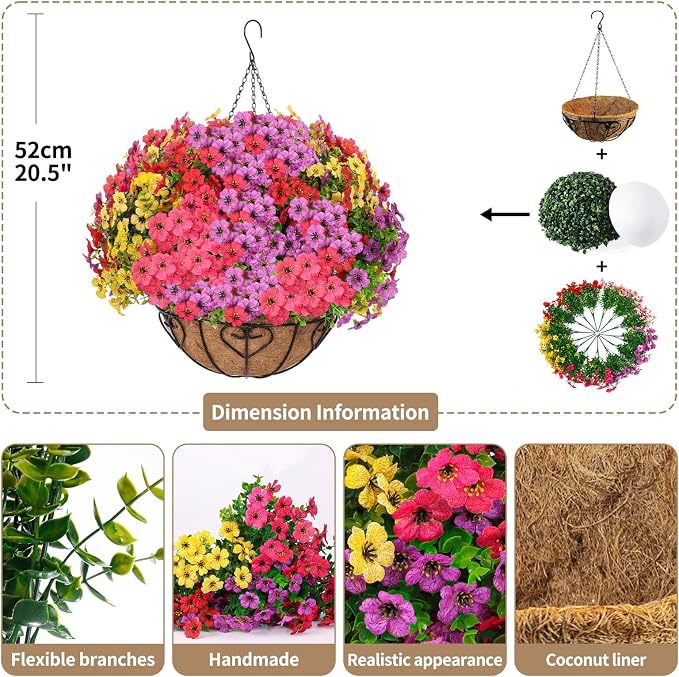 2 Sets Artificial Hanging Flower for Outdoors(Mixed) | Fake Hanging Basket for Outside,2 Hanging Basket with 26 Pcs Faux Silk Flowers for Porch, Balcony and Patio Decor