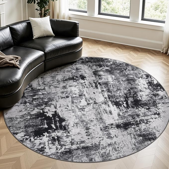 Rugflix Round Area Rugs 8Ft for Living Room, Washable Black Grey Circle Rug | Machine Washable; Stain-Resistant; Low Pile; Non-Slip; Modern Abstract; Carpet for Bedroom Dining Office Nursery Home