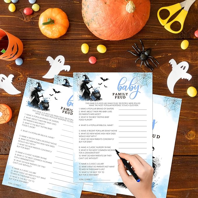 Hilarious Baby Shower Games, 25 Sets Halloween Baby Family Feud + Answer Card, Blue Witch Gender Reveal Game Cards for Party Announcement Supplies - B08