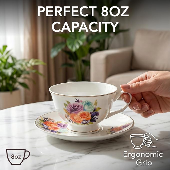 BTaT- Floral Tea Cups and Saucers, 8 oz, Fine Porcelain Teacup Set with Gold Trim for Afternoon Tea, Weddings, Parties & Gifting, Dishwasher Safe, Lightweight, Non-Toxic, Set of 6
