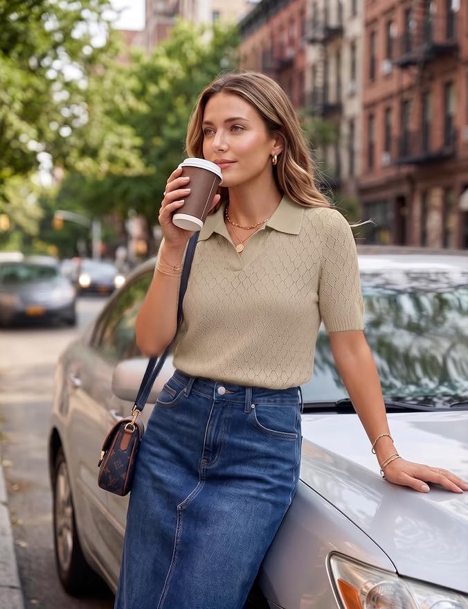 Rapbin Womens Short Sleeve Knit Polo Shirts Summer Spring Sweater Tops | Classic V Neck Collared Shirts Lightweight Business Casual Basic Fashion Pullover Polo Sweater for Work Formal Daily Wear