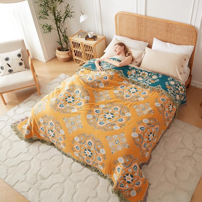 LUTBM Boho Throw Blanket for Bed 60"x80", 100% Cotton Yellow Couch Blankets | Reversible Floral Jacquard, Soft All-Season Twin Quilt, For Chair Sofa Living Room Decor, Lightweight Breathable, Women Gift