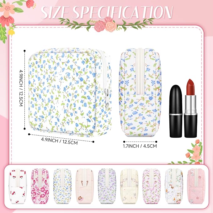 Likesing Quilted Period Bag, Period Pouches for Teen Girls Womens, Portable Floral Print Sanitary Napkin Storage Bag Feminine Emergency Tampon Pad Pouch(Blue Floral)