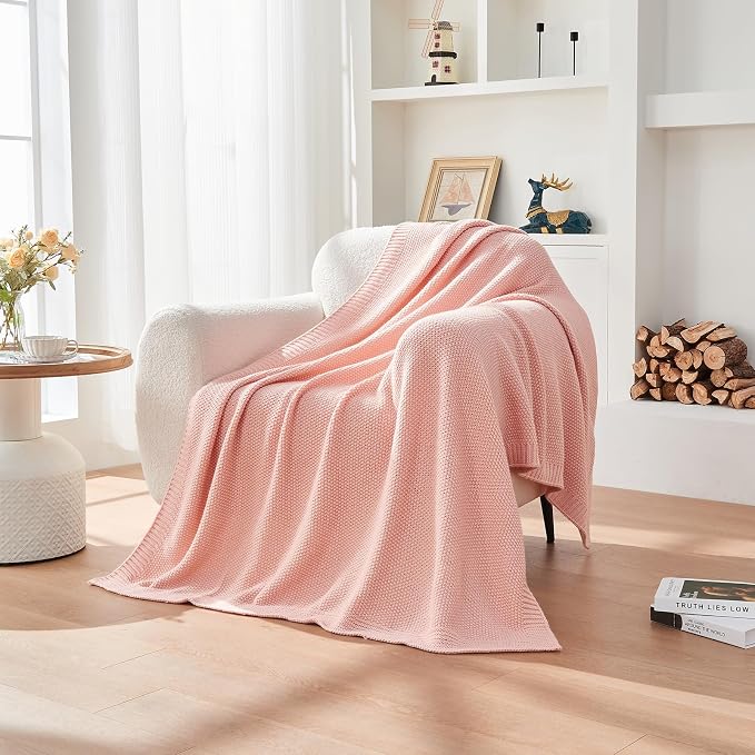 CozeCube Pink Seed Stitch Throw Blanket 60"x80", Farmhouse Decor | Blanket for Couch, Soft Cozy Cable Knit Throw for Bed Sofa Living Room, Lightweight Warm Decorative Christmas Blanket