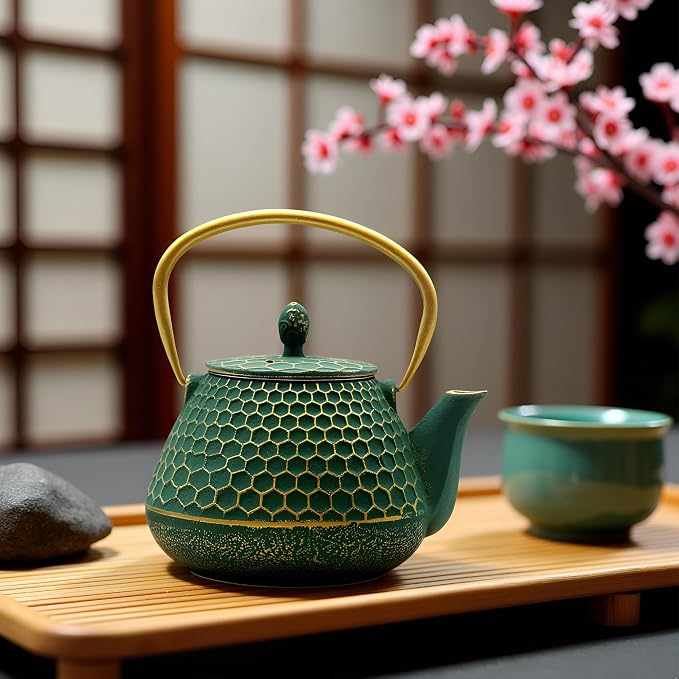 YJX Cast Iron Teapot and Cups Set, 33.8oz Hexagon Pattern Tea Pot Enameled Interior, Tea Kettle for Stovetop, Japanese Teapot Set with Teacups for Adults, Green Kettle with Infuser for Loose Leaf