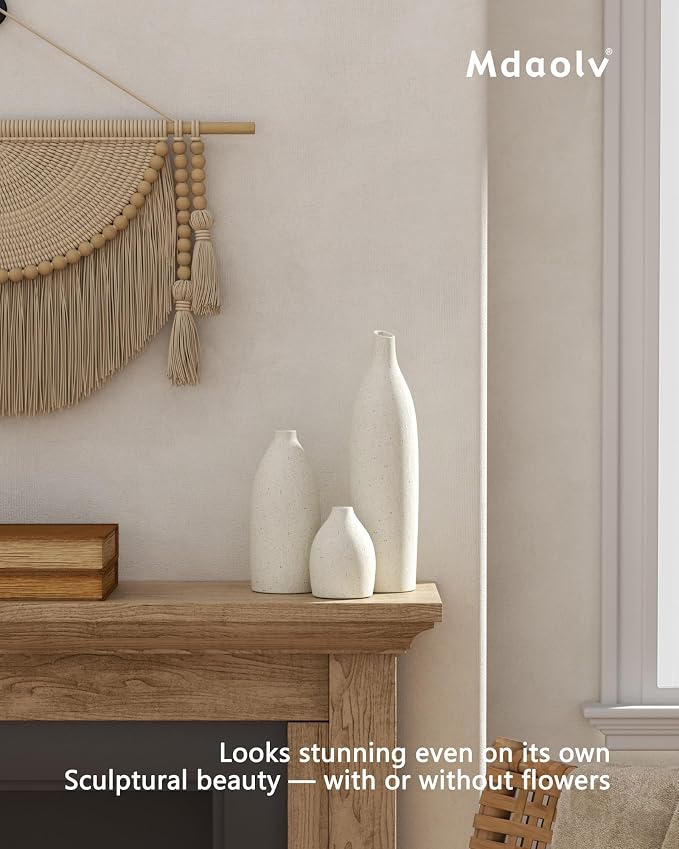 Matte Clay Flower Vase Set of 3 Minimalist Nordic Modern Decorative Ceramic Vases for Home Table Decor, Fireplace Mantel Shelf Entry Way Console Kitchen Island Dining Table Centerpiece (Cream White)