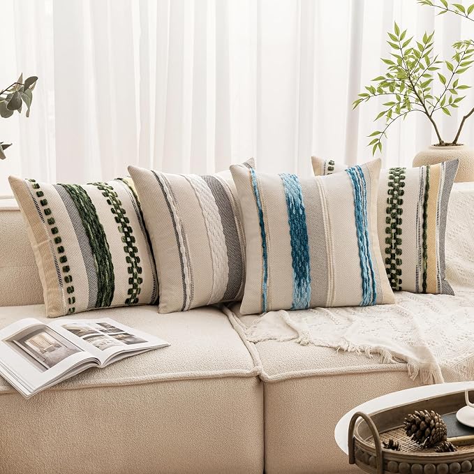 ANRODUO Boho Decorative Pillow Covers 18x18 Pack of 2 Sky Blue Stripe 2 | Throw Pillow Covers, Farmhouse Cushion Case, Chenille Pillow Cases, Pillow Covers, Neutral Pillowcase for Sofa Couch Bed