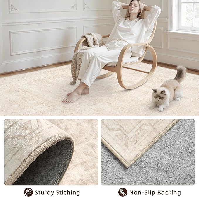 4x6 Area Rugs for Living Room: Vintage Boho Neutral Washable Rug Indoor Soft Large Area Rug Carpet for Bedroom Nursery Farmhouse Dining Room Office Floor Non-Slip Low Pile Under Table Rug Beige