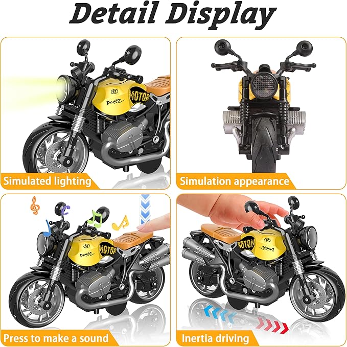 Motorcycle Toy for Metal Die-cast, Toy Motorcycle with Lights, Sounds & Automatic Drive for Boys & Girls Aged 3-12（Yellow）