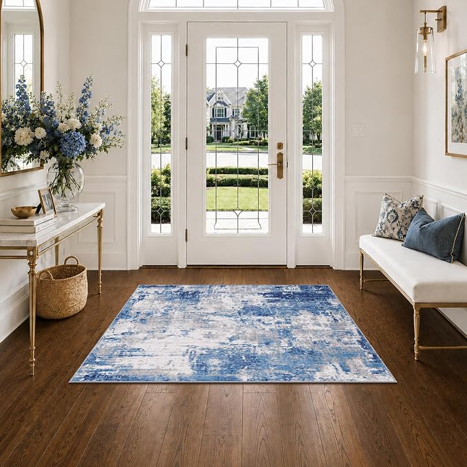 RELEANY Washable 3'x5' Abstract Area Rug for Living Room Blue Gray | carpet for bedroom, kitchen, office, hallway and entryway, printed pattern, non-slip, soft, stain-resistant, easy to clean