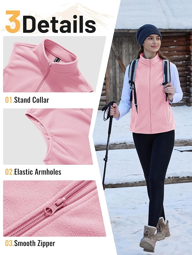 TACVASEN Women's Fleece Vest Lightweight Sleeveless Zip Jacket Outerwear | Soft Polar,Zipper Pockets,Stand Collar,Fall Winter Warm,Outdoor,Athletic,Running,Hiking,Travelling,Golf,Work
