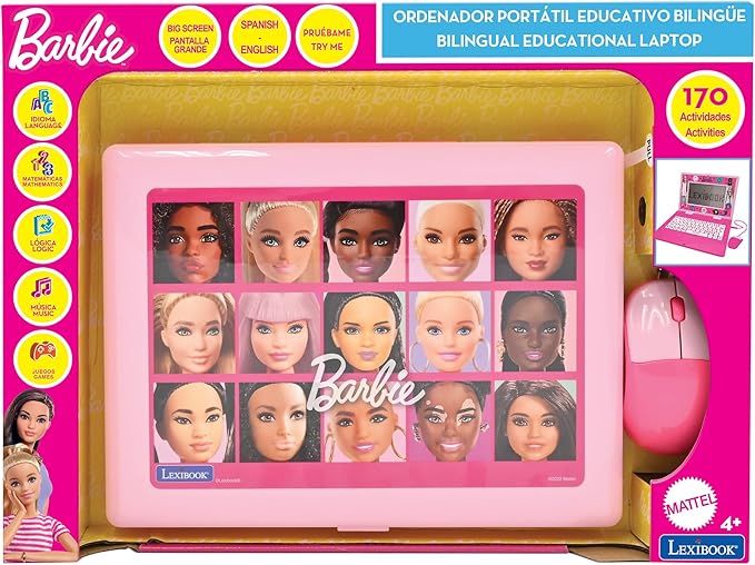 Lexibook, Barbie, Bilingual and Educational Laptop Spanish/English, Toy for Children, 170 Activities to Learn, Play Games and Music, Large Screen, Pink, JC599BBi2