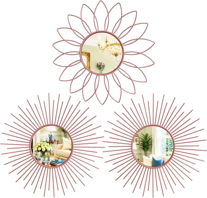 3 Pack Metal Mirrors for Wall Sunburst Wall Mirrors Home Décor Decorative Hanging Wall Art for Living Room Bedroom Entryway (Pink, Flower+Sunburst)