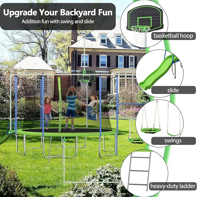 Lyromix 12-14FT Trampoline With Slide, Swings, Basketball Hoop and Ladder - ASTM Approved Outdoor Backyard Recreational Equipment With Net, Capacity for 5-7 Kids and Adults