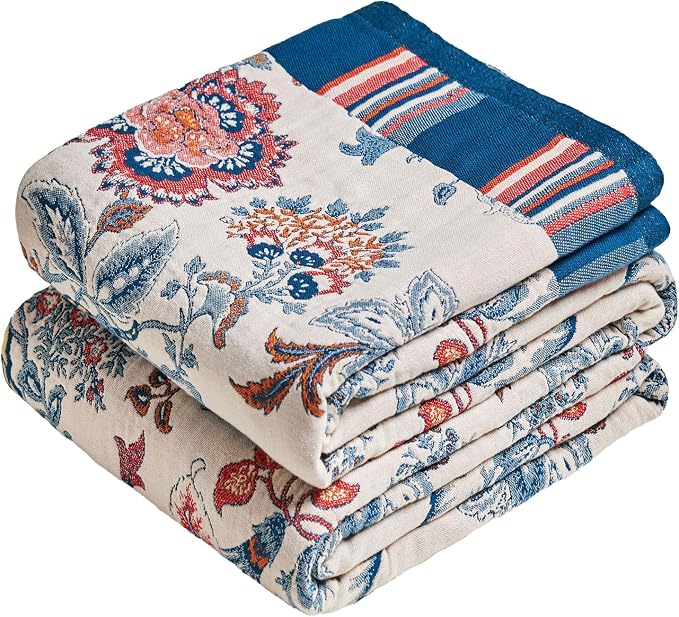 MSGKV Boho Throw Blanket 50"x60" 100% Cotton Farmhouse Floral Throw Blanket | 100% Cotton Muslin, Botanical Throw Blanket, Reversible Weave, Soft & Breathable, Vintage Floral Style, Machine Washable