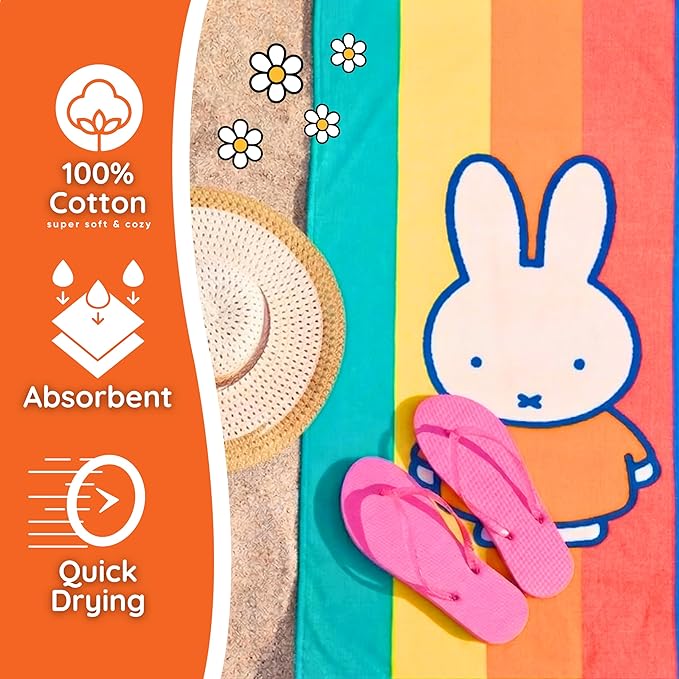 Miffy Kids Cotton Beach Towel, 58 x 28 Inch, Soft & Absorbent Pool, Bath & Beach Towel (Officially Licensed Product) by Franco