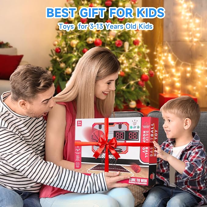 Basketball Hoop Indoor for Kids(4-12 Years Old), Over The Door Basketball Hoop with Scoring, Countdown and Music Accompaniment, Christmas Toys
