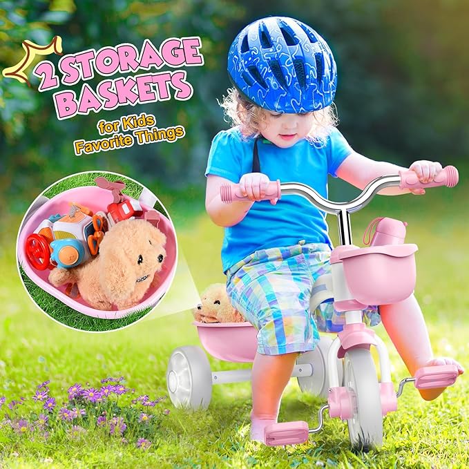 Toddler Tricycle for 1-3 3-5 Year Olds, 2 3 4 5 Year Old Girl Birthday Gifts, Pink Toddler Baby Bike, Outdoor Riding Toys for Ages 2-4, 4-Level Adjustable Seat, 3 Color Light Wheels, 2 Baskets