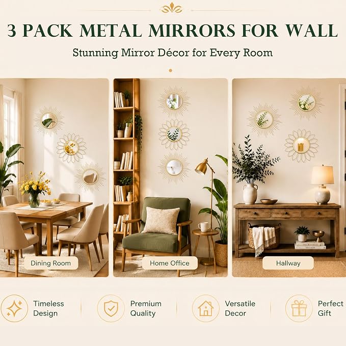 3 Pack Metal Mirrors for Wall Sunburst Wall Mirrors Home Décor Decorative Hanging Wall Art for Living Room Bedroom Entryway (Gold, Flower+Sunburst)