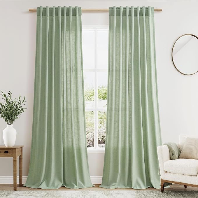 Nanspring Mist Sage Linen Curtains 102 Inches Long Rod Pocket Back Tab Drapes 2 Panels Set for Living Room Bedroom Light Filtering Semi Sheer Mist Sage Curtain 102 Length for Patio Door 52x102