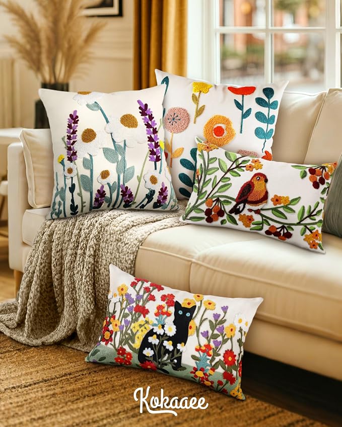 Embroidered Throw Pillow Cover - 20x20 Decorative Pillow Cover with Zipper Aesthetic Cute Design Boho Spring Summer Cozy Throw Pillowcase for Living Room Couch Sofa Bed, Plants