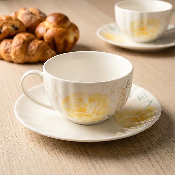 BTaT- Floral Tea Cups and Saucers Set, 7 oz, Set of 6, Porcelain Tea Cups with Saucers, Dishwasher Safe, Coffee Cup & Saucer for Women, Wedding Gift, Parties & Gifting