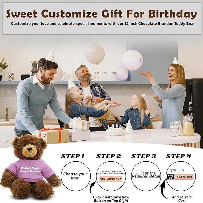 Customized Chocolate Brandon Bear - 12 inch Personalized Stuffed Bear Plush Toy - Perfect Custom Shirt Bear Gift for Graduation Valentines Graduation Easter Holidays (Pink Shirt)