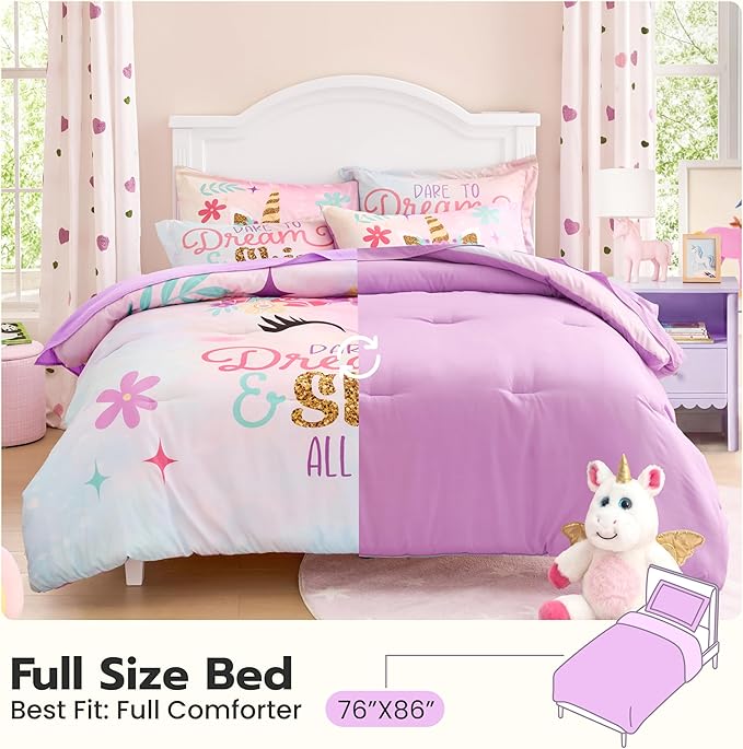 Joiedomi Kid Full Comforter Set 7 Piece Unicorn Bedding Set for Boys Girls Super Soft Microfiber Bed in a Bag with Comforter Sheets Pillowcase & Sham