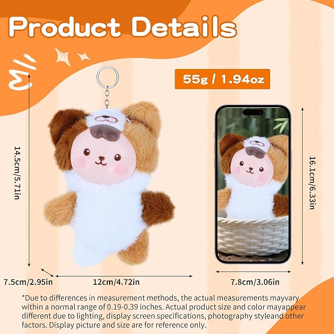 Collectibles Plush Doll, Kawaii Plushies Doll with Vinyl Face Mentl Keyring for Girls Boys, Soft Kitty Vinyl Plush Figures Stuffed Toy Gifts for Keychains Bag Charm Home Decor Birthday White Brown
