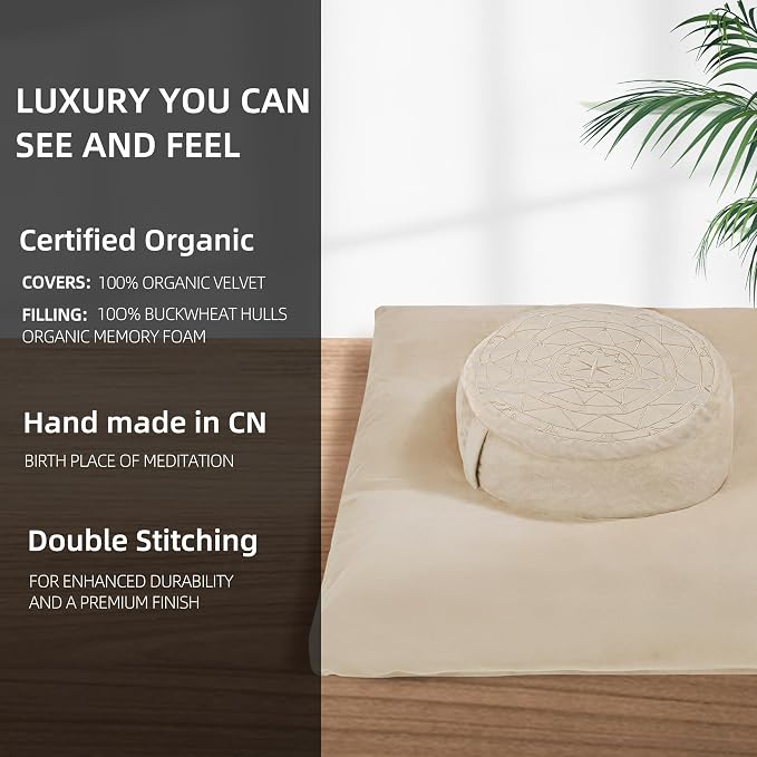 ellier Zafu & Zabuton Meditation Cushion Set - Buckwheat Hull & Memory Foam Pillows, Ergonomic Support for Yoga, Mindfulness - Organic Velvet Cover, Large Size, Durable Comfort (Khaki)