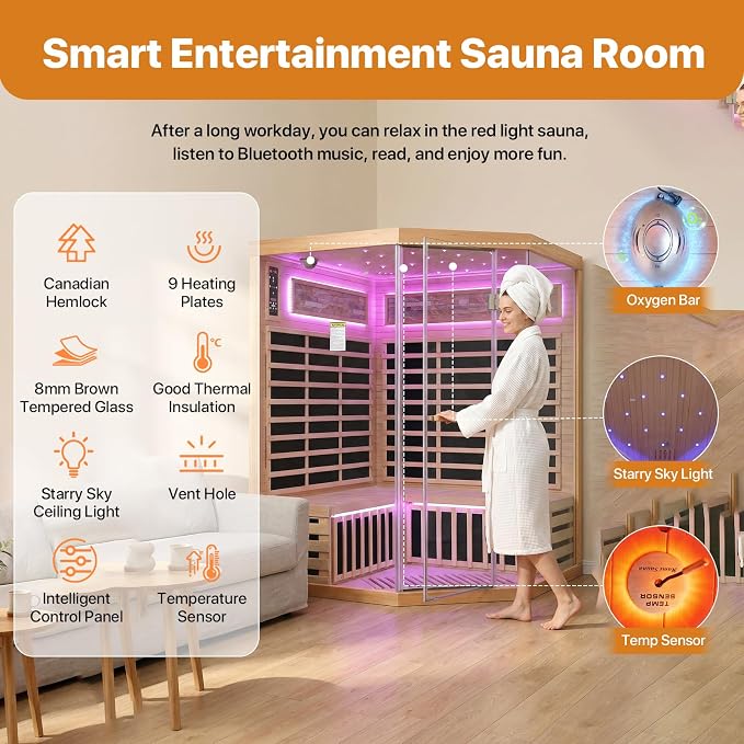 Infrared Sauna for 4-5 Person Canadian Hemlock Far Infrared Saunas Low-EMF Home Indoor Dry Saunas with Red Light Therapy 7 Color Ceiling Lights Fast Heating Easy Assembly 59 * 59 * 74.8"