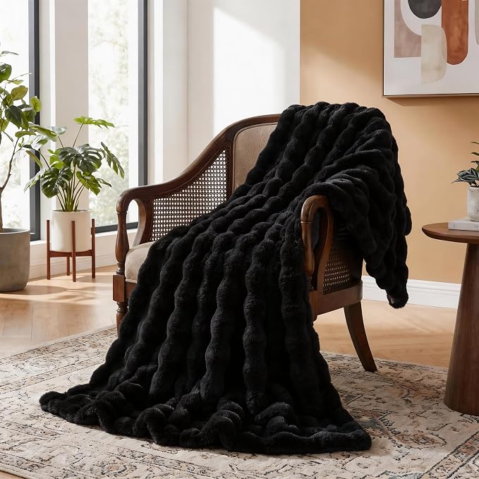ORINOVA Black Fluffy Thick Fur Throw Blanket 50x60 for Bed Couch Office Chair Bunny Soft Blanket for Adults Gift Home Living Room Decorative Decor 860 GSM