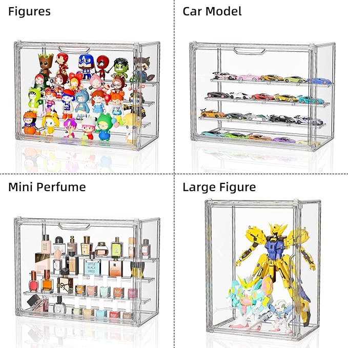Clear Acrylic Display Case for Collectibles 4 Layer Hobby Figure Display Case Box with Shelves Stackable Figurine Display Shelf for Funko Pop, Pop Mart, Labubu, Model, 3 Pack