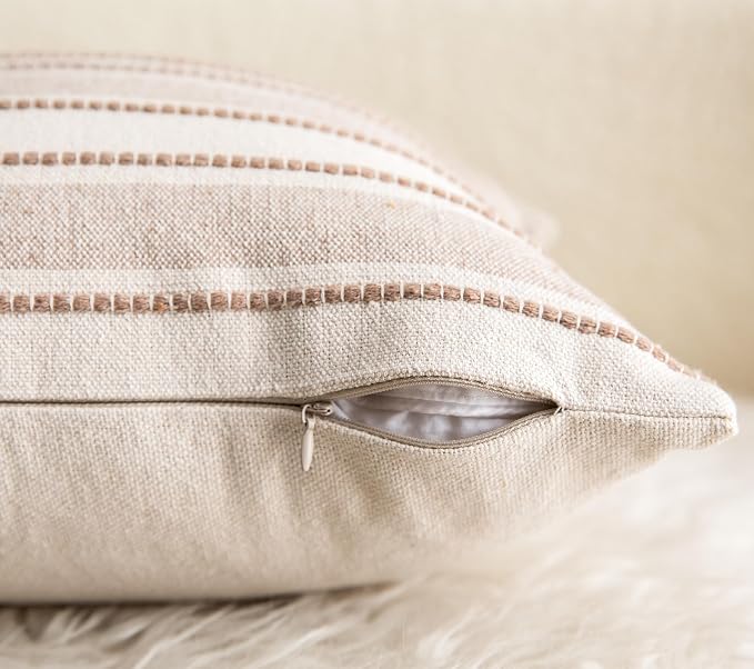 Cethom Decorative Boho Throw Pillow Covers, Farmhouse Textured Pillow Case, 18 x 18 Inch Set of 2, Chair Sofa Bedroom Living Room Home Decor Couch Cushion Case, Taupe and Beige Striped