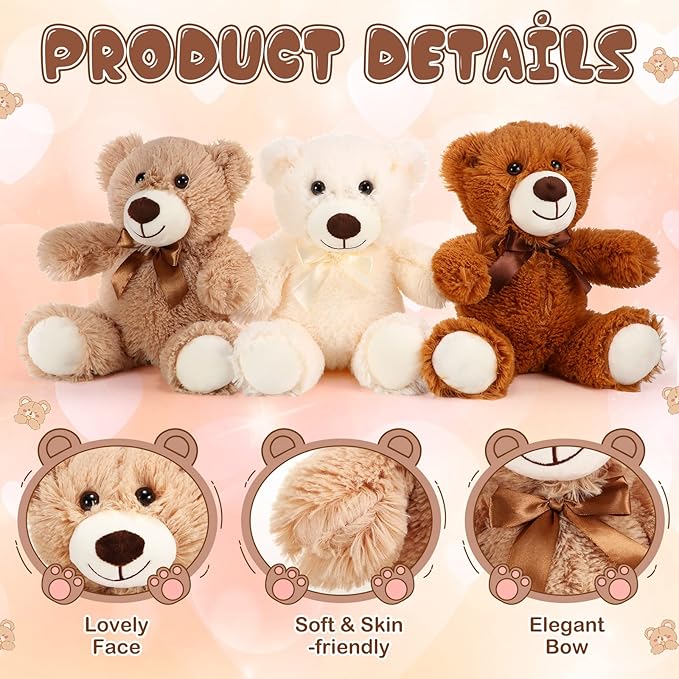 HyDren 12 Pieces Valentines Bears Stuffed Animals Soft Plush Toy Bears for Birthday Party Easter Wedding Baby Shower Christian Charity Donation Supplies(White, Brown, Khaki)