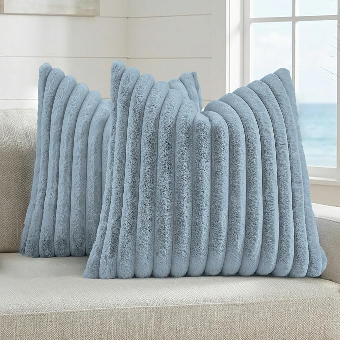 FUTEI Pack of 2 Faux Fur Throw Pillow Covers 26x26 Inch, Dusty Blue | Fluffy Faux Rabbit Fur Front/Premium Velvet Back,Hidden Zipper,Machine Washable,Non-Shedding,Colorfast,Insert Not Included.