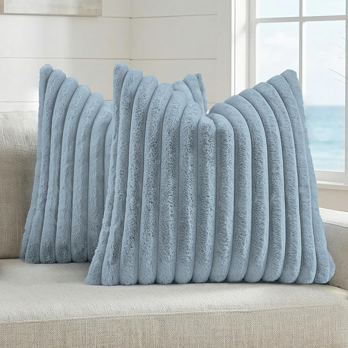 FUTEI Pack of 2 Faux Fur Throw Pillow Covers 20x20 Inch, Dusty Blue | Fluffy Faux Rabbit Fur Front/Premium Velvet Back,Hidden Zipper,Machine Washable,Non-Shedding,Colorfast,Insert Not Included.