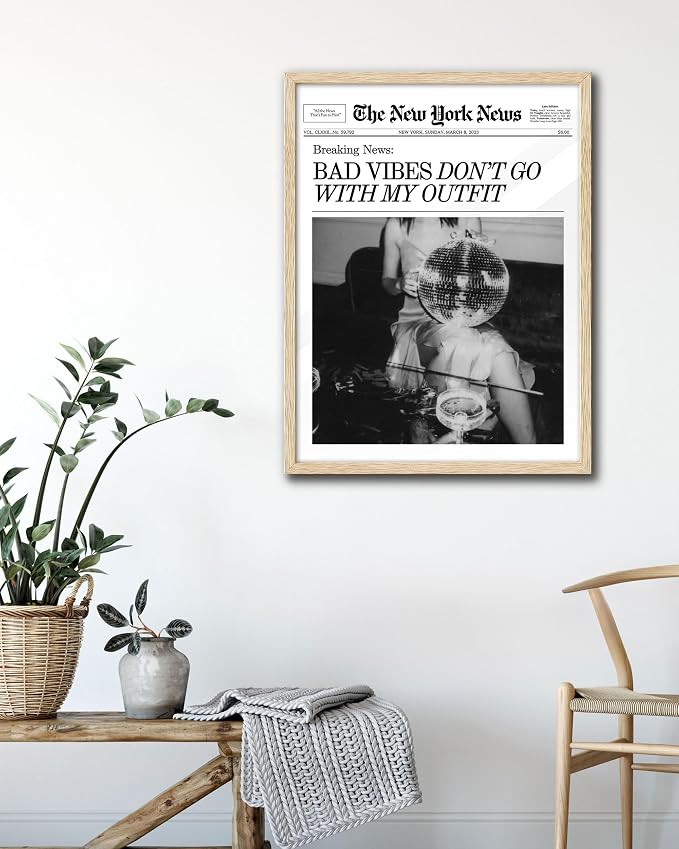 EcoHest 16x20 in Bad Vibes Don't Go With My Outfit Framed Wall Art | Solid Oak Wood Frame, Canvas Wall Art, Disco Fashion Newspaper Wall Decor for Bedroom, Apartment, Dorm, College Room, 1Pack