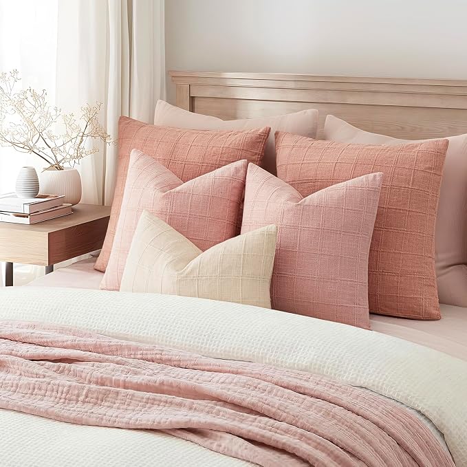 Foindtower Set of 2 Decorative Linen Check Throw Pillow Covers Neutral Farmhouse Vintage Cushion Covers Cozy Modern Boho Accent Home Decor for Sofa Chair Couch Bed Living Room,14×36 Inch,Light Pink