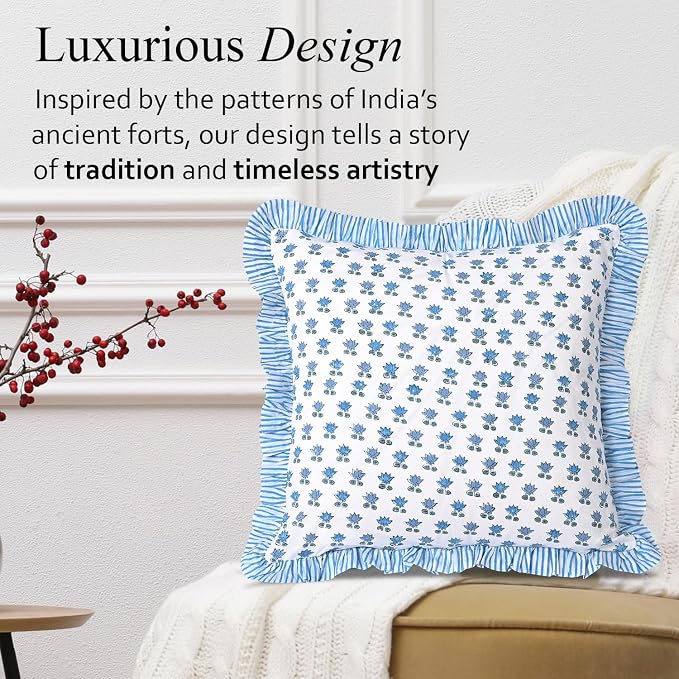 CPC Arctic Blue Hand Block Print 100% Cotton Ruffle Throw Pillow Cover 18x18 inch with Hidden Zipper Decorative for Couch, Bed, Sofa, Farmhouse, Cottagecore Decor Gift Christmas Fall Thanksgiving