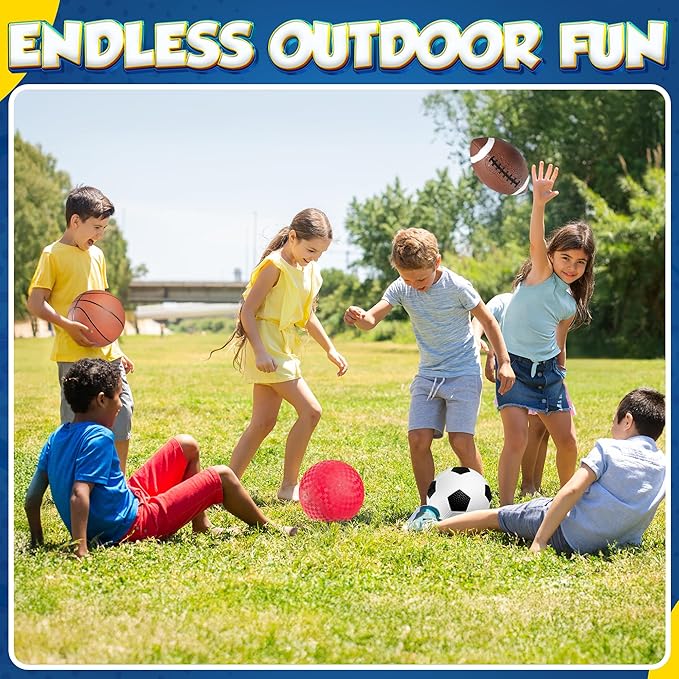 8.5” Sports Balls for Kids & Toddlers - (Pack of 4) Rubber Inflatable Multi-Sport Ball Set - Football, Soccer Ball, Basketball, Playground Ball & Pump - Birthday Gift Toys for Boys & Girls