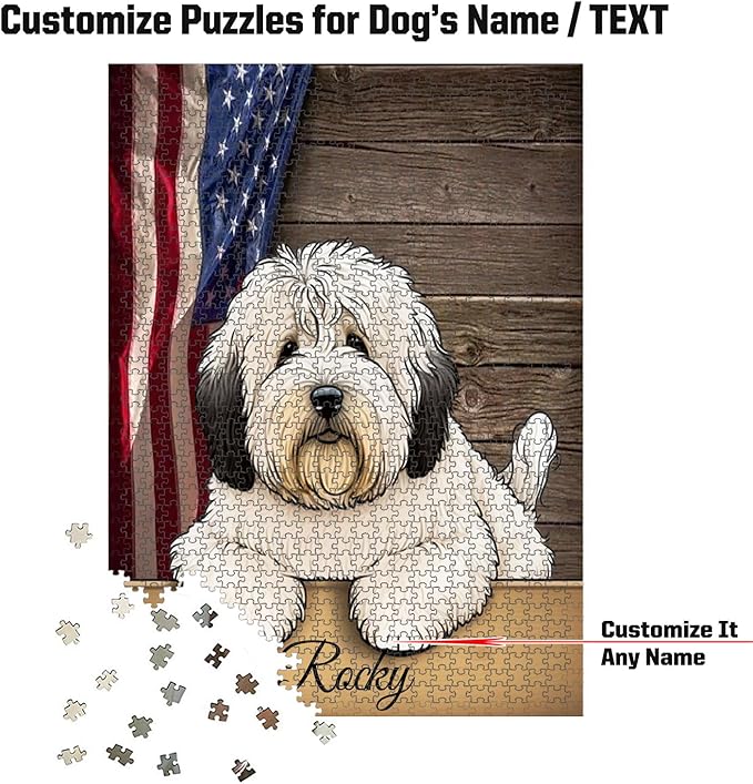 Custom Wooden Jigsaw Puzzles with Your Dog's Name on Bobtail Art Print - 300 500 1000PCS Puzzles Game and Home Wall Decor