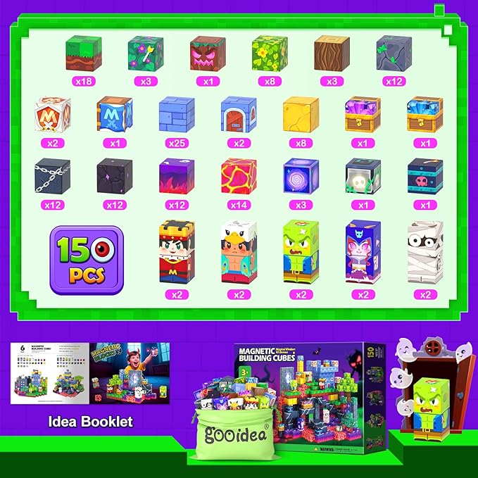 Gooidea 150 Magnetic Blocks Magnetic Building Toys, Mine Magnet World Building Craft, STEM Toy for Kids Age 4-8 5-7 8-12, Sensory Learning Toys Games, Gift for Boys Girls 3+ Year Old