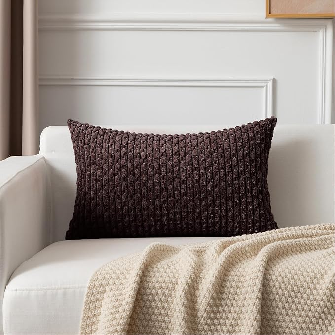 Kevin Textile Soft Corduroy 12"x20" Lumbar Pillow Cover 1 Pack, Coffee | Boho Stripe Plush Corduroy Decorative Oblong Cushion Cover Modern Farmhouse Home Decor for Sofa Couch Bed Chair