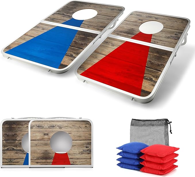Portable Cornhole Board Set with Aluminum Alloy Edging,2x1.3ft Foldable Corn Hole Games for Adults and Family with 8 Bean Bags for Outdoor Backyard Travel Tailgate Camping