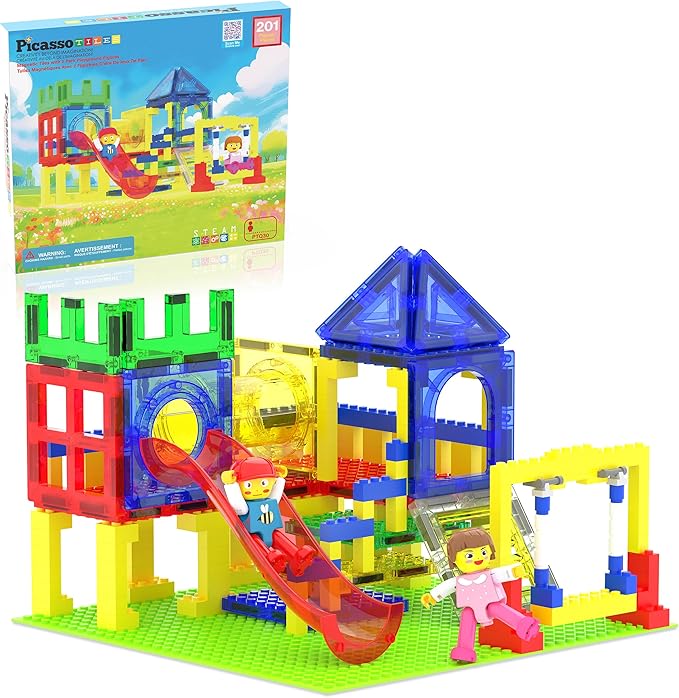 PicassoTiles Magnetic Tiles Slide & Swing Playground Building Block with 2 Character Action Figures Magnet Tile Construction Bricks Sensory Toys STEM Learning Educational Toy Kit Boy Girl Age 3+ PTQ30